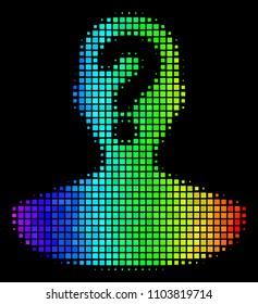 Pixel bright halftone unknown person icon using spectral color tints with horizontal gradient on a black background. Bright vector mosaic of unknown person pictogram done of rectangular items.
