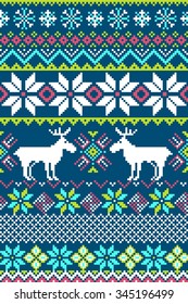 Pixel Bright Seamless Pattern With Stylized Winter Nordic Ornament. Vector Illustration.