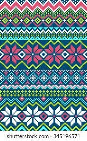 Pixel bright seamless pattern with stylized winter nordic ornament. Vector illustration.