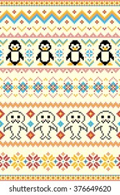 Pixel bright seamless winter pattern with stylized penguins and seals. Vector illustration.