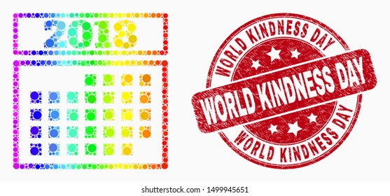 Pixel bright spectral 2018 calendar page mosaic icon and World Kindness Day seal. Red vector round textured stamp with World Kindness Day text. Vector combination in flat style.