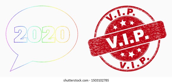 Pixel bright spectral 2020 message balloon mosaic pictogram and V.I.P. seal stamp. Red vector round textured seal stamp with V.I.P. message. Vector combination in flat style.