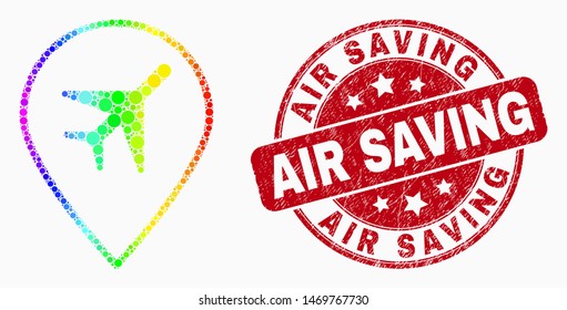 Pixel bright spectral airport map marker mosaic pictogram and "Air Saving" seal stamp. Red vector rounded textured seal stamp with "Air Saving" message. Vector composition in flat style.