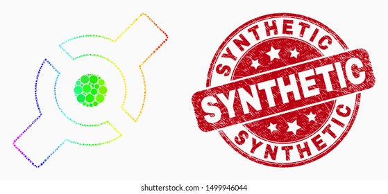 Pixel bright spectral artificial joint mosaic pictogram and Synthetic seal stamp. Red vector round grunge seal stamp with Synthetic caption. Vector combination in flat style.