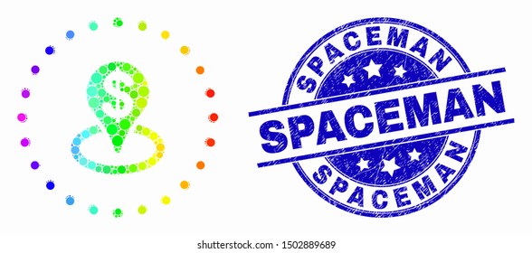 Pixel bright spectral bank placement mosaic pictogram and Spaceman seal stamp. Blue vector rounded scratched seal with Spaceman phrase. Vector composition in flat style.