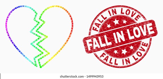 Pixel bright spectral broken heart mosaic pictogram and Fall in Love seal stamp. Red vector round textured watermark with Fall in Love title. Vector combination in flat style.