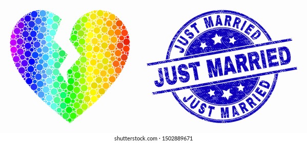 Pixel bright spectral broken heart mosaic icon and Just Married seal stamp. Blue vector rounded scratched seal stamp with Just Married phrase. Vector combination in flat style.
