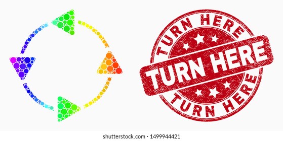 Pixel bright spectral CCW circulation arrows mosaic icon and Turn Here stamp. Red vector rounded textured seal with Turn Here text. Vector combination in flat style.