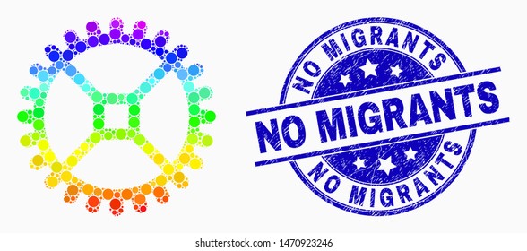 Pixel bright spectral clock gear mosaic pictogram and No Migrants seal stamp. Blue vector rounded scratched stamp with No Migrants title. Vector combination in flat style.