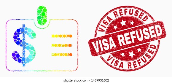 Pixel bright spectral dollar badge mosaic icon and Visa Refused stamp. Red vector rounded grunge seal stamp with Visa Refused title. Vector collage in flat style.