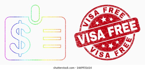 Pixel bright spectral dollar badge mosaic icon and Visa Free seal stamp. Red vector round distress seal stamp with Visa Free text. Vector composition in flat style.