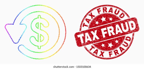 Pixel Bright Spectral Dollar Refund Mosaic Pictogram And Tax Fraud Seal Stamp. Red Vector Rounded Distress Stamp With Tax Fraud Text. Vector Composition In Flat Style.