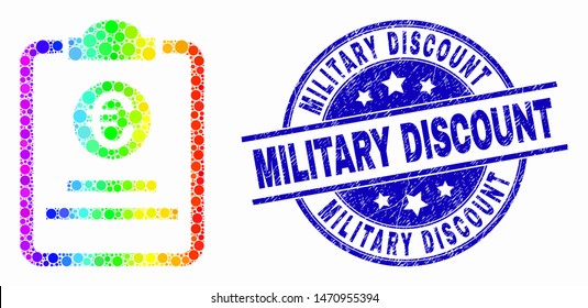 Pixel bright spectral euro price pad mosaic pictogram and Military Discount seal. Blue vector round grunge seal stamp with Military Discount phrase. Vector collage in flat style.