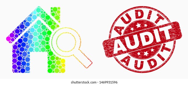 Pixel bright spectral explore realty mosaic icon and Audit seal. Red vector rounded textured seal with Audit phrase. Vector combination in flat style.