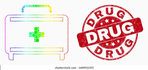Pixel bright spectral first aid case mosaic pictogram and Drug seal. Red vector rounded distress stamp with Drug title. Vector combination in flat style.