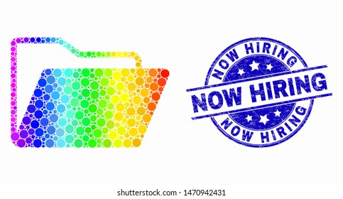 Pixel bright spectral folder mosaic pictogram and Now Hiring seal. Blue vector rounded grunge seal with Now Hiring phrase. Vector combination in flat style.