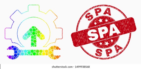 Pixel bright spectral gear integration arrow mosaic pictogram and Spa seal stamp. Red vector round distress seal stamp with Spa message. Vector combination in flat style.