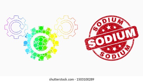 Pixel bright spectral gear rotation mosaic icon and Sodium seal. Red vector round scratched seal with Sodium phrase. Vector combination in flat style.