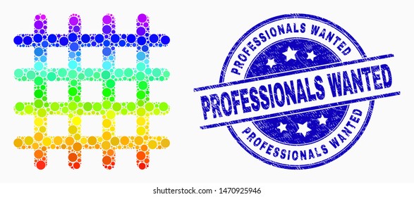 Pixel bright spectral grid mosaic icon and Professionals Wanted seal stamp. Blue vector rounded grunge seal stamp with Professionals Wanted caption. Vector composition in flat style.
