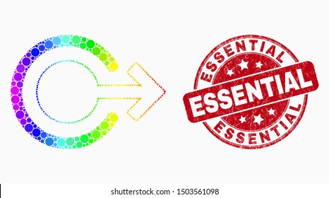 Pixel bright spectral logout mosaic icon and Essential watermark. Red vector round distress seal stamp with Essential text. Vector composition in flat style.