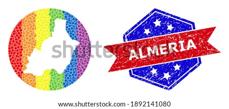 Pixel bright spectral map of Almeria Province collage designed with circle and subtracted shape, and distress stamp. LGBT spectrum colored pixels around empty map of Almeria Province.