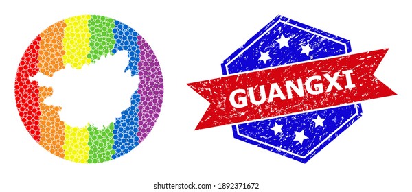 Pixel bright spectral map of Guangxi Province collage designed with circle and carved shape, and distress seal stamp. LGBT rainbow colored dots around empty map of Guangxi Province.