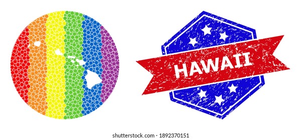 Pixel bright spectral map of Hawaii State collage designed with circle and carved shape, and distress seal. LGBT rainbow colored dots around empty map of Hawaii State.