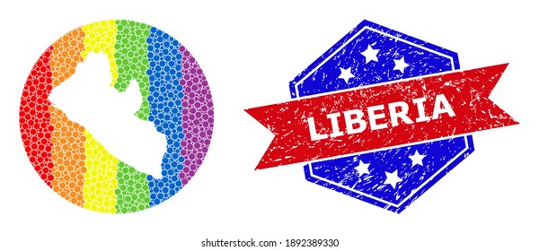 Pixel mapa espectral brillante del mosaico de Liberia compuesto de círculo y agujero, y sello rayado. Puntos de color del espectro LGBT alrededor del mapa vacío de Liberia. El sello bicolor utiliza colores rojo y azul,