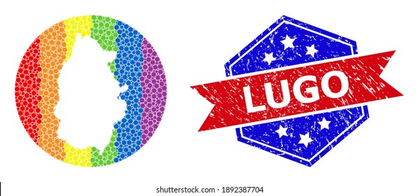 Pixel bright spectral map of Lugo Province collage designed with circle and cut out shape, and grunge watermark. LGBTQ spectrum colored pixels around empty map of Lugo Province.
