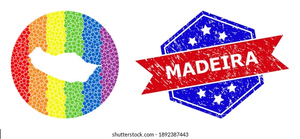 Pixel bright spectral map of Madeira Island mosaic composed with circle and subtracted space, and grunge seal stamp. LGBT rainbow colored dots around empty map of Madeira Island.