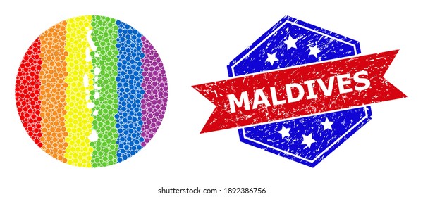 Pixel bright spectral map of Maldives mosaic designed with circle and stencil, and distress seal stamp. LGBTQ spectrum colored pixels around empty map of Maldives.