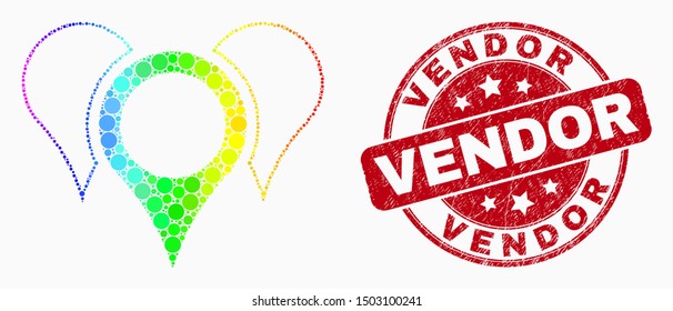 Pixel bright spectral map pointers mosaic pictogram and Vendor watermark. Red vector rounded grunge seal with Vendor phrase. Vector composition in flat style.