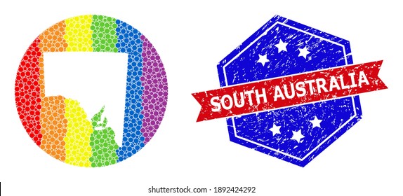 Pixel bright spectral map of South Australia collage designed with circle and subtracted shape, and distress seal stamp. LGBT rainbow colored dots around empty map of South Australia.
