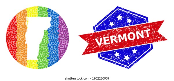 Pixel bright spectral map of Vermont State mosaic created with circle and hole, and distress stamp. LGBT spectrum colored dots around empty map of Vermont State.