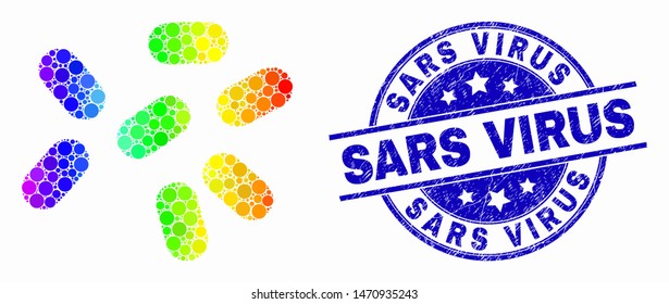 Pixel bright spectral microbes mosaic pictogram and Sars Virus seal stamp. Blue vector round distress seal stamp with Sars Virus message. Vector combination in flat style.