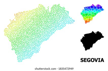 Pixel bright spectral, and monochrome map of Segovia Province, and black title. Vector structure is created from map of Segovia Province with spheres. Illustration designed for political ads.