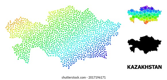 Pixel espectral brillante, y mapa monocromo de Kazajistán, y título negro. El modelo vectorial se crea a partir del mapa de Kazajistán con círculos. La abstracción es útil para los afiches geográficos.