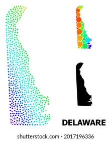 Pixel espectral brillante, y mapa monocromo del estado Delaware, y título negro. El modelo vectorial se crea a partir del mapa del estado Delaware con esferas. Ilustración diseñada para objetivos políticos.