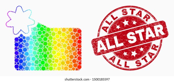 Pixel bright spectral new folder mosaic pictogram and All Star seal stamp. Red vector rounded distress stamp with All Star caption. Vector composition in flat style.