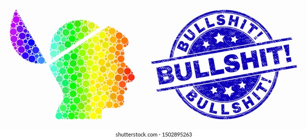 Pixel bright spectral open mind mosaic icon and Bullshit! seal. Blue vector round scratched seal stamp with Bullshit! title. Vector combination in flat style.