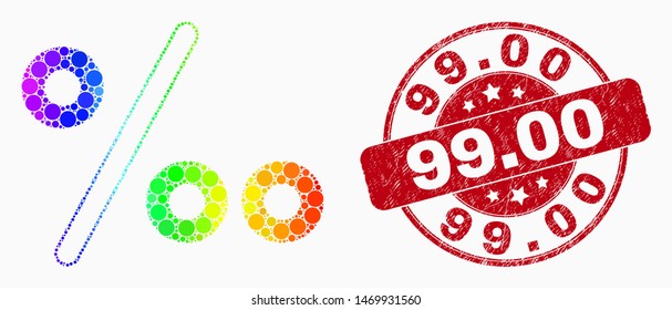 Pixel bright spectral per mille mosaic icon and 99.00 stamp. Red vector round distress stamp with 99.00 message. Vector collage in flat style.