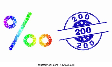 Pixel bright spectral per mille symbol mosaic pictogram and 200 seal stamp. Blue vector rounded grunge watermark with 200 text. Vector composition in flat style.