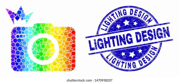 Pixel bright spectral photo flash mosaic icon and Lighting Design stamp. Blue vector round distress stamp with Lighting Design phrase. Vector composition in flat style.