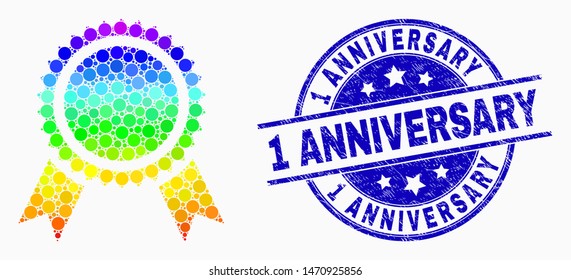 Pixel bright spectral prize seal mosaic icon and 1 Anniversary seal stamp. Blue vector round distress seal stamp with 1 Anniversary text. Vector composition in flat style.