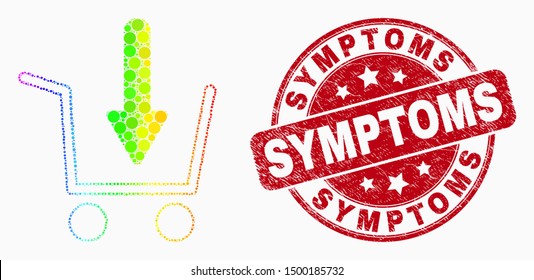 Pixel bright spectral put shopping item mosaic pictogram and Symptoms stamp. Red vector rounded textured seal with Symptoms title. Vector collage in flat style.