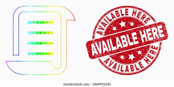 Pixel bright spectral scroll list mosaic pictogram and Available Here seal stamp. Red vector rounded scratched seal stamp with Available Here message. Vector collage in flat style.