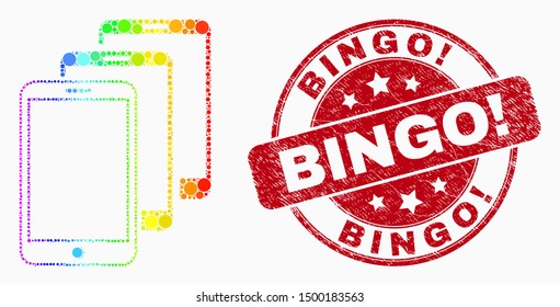 Pixel bright spectral smartphones mosaic pictogram and Bingo! seal. Red vector round distress seal stamp with Bingo! message. Vector composition in flat style.