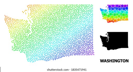 Pixel bright spectral, and solid map of Washington State, and black caption. Vector model is created from map of Washington State with circles. Template designed for political posters.