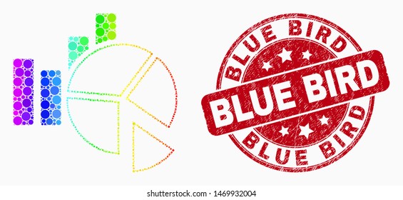 Pixel bright spectral statistics charts mosaic icon and Blue Bird stamp. Red vector round grunge seal stamp with Blue Bird text. Vector composition in flat style.