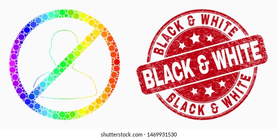 Pixel bright spectral stopped user mosaic pictogram and Black & White seal stamp. Red vector rounded scratched stamp with Black & White phrase. Vector composition in flat style.